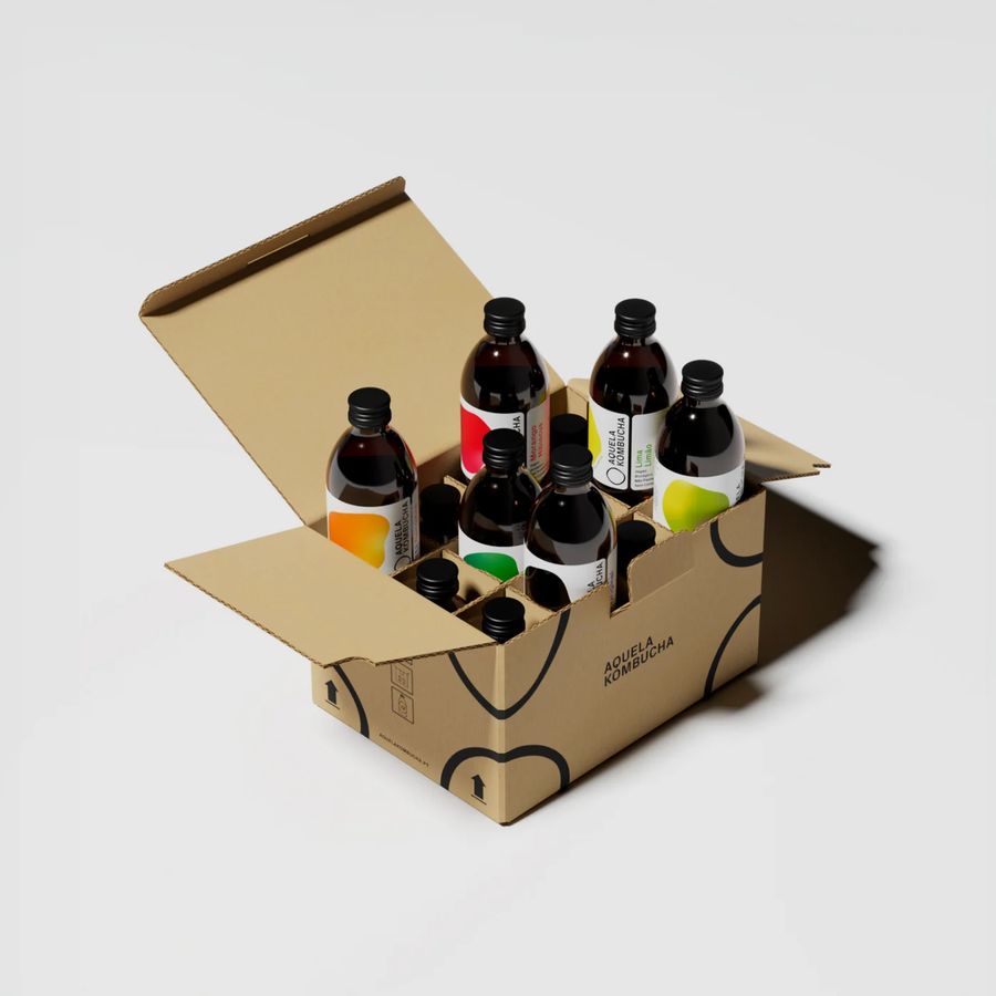 Caixa de cartão aberta com garrafas Aquela Kombucha de vários sabores