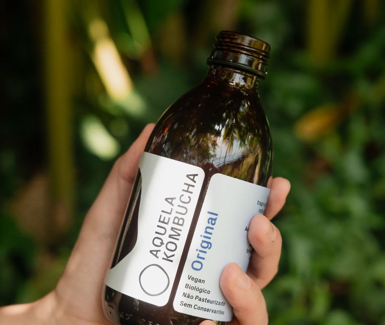 Mão a segurar uma garrafa de Aquela Kombucha Original entre plantas